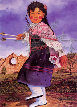 Young Native American girl in dress and dance shawl against bright sky and sandstone rocks